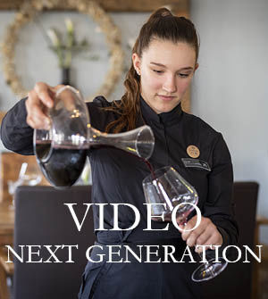 Eine junge Damit mit einem Rotweiglas in der Hand und einer Weinkaraffe